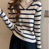 New Base Layer for Women's Spring and Autumn Design, V-neck Sweater, Striped Long-sleeved Knitted Sweater Top