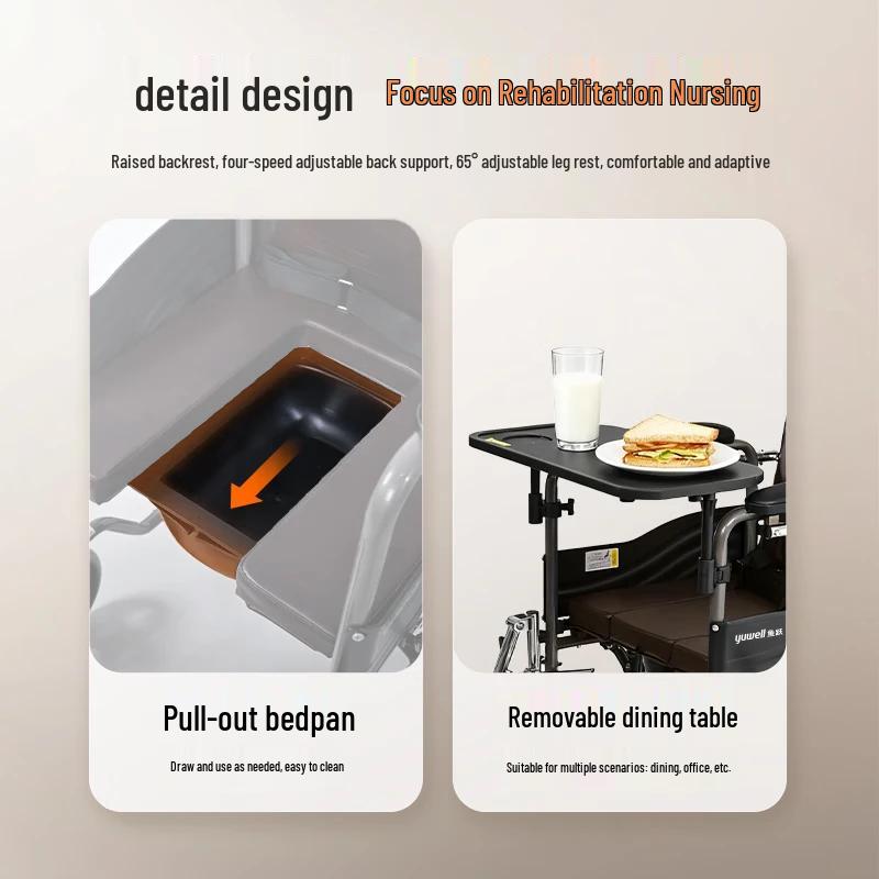 YUWELL H059B Механическая инвалидная коляска с откидной спинкой, туалетным устройством и обеденным столиком