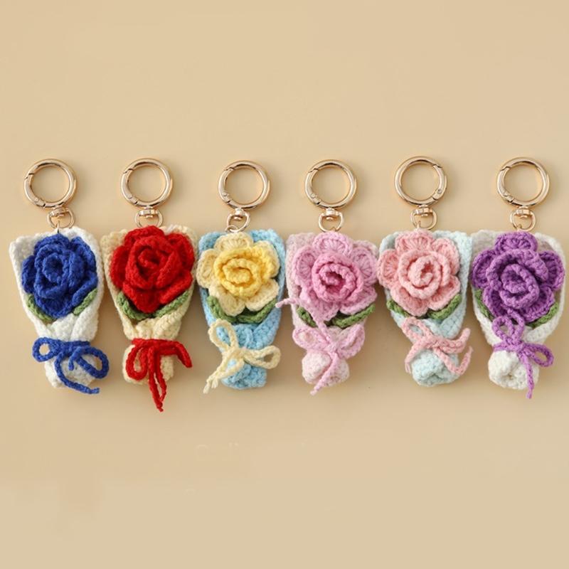 Вязаный букет, ручной дизайн цветка, брелоки-держатели для ключей, декоративный вязаный цветок, шикарный, 6 цветов