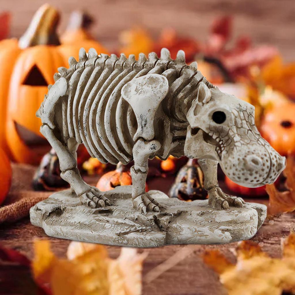 Skeleton Hippo Statue Animal Sculpture Halloween Gift Collection Tabletop Ornament for Cabinet