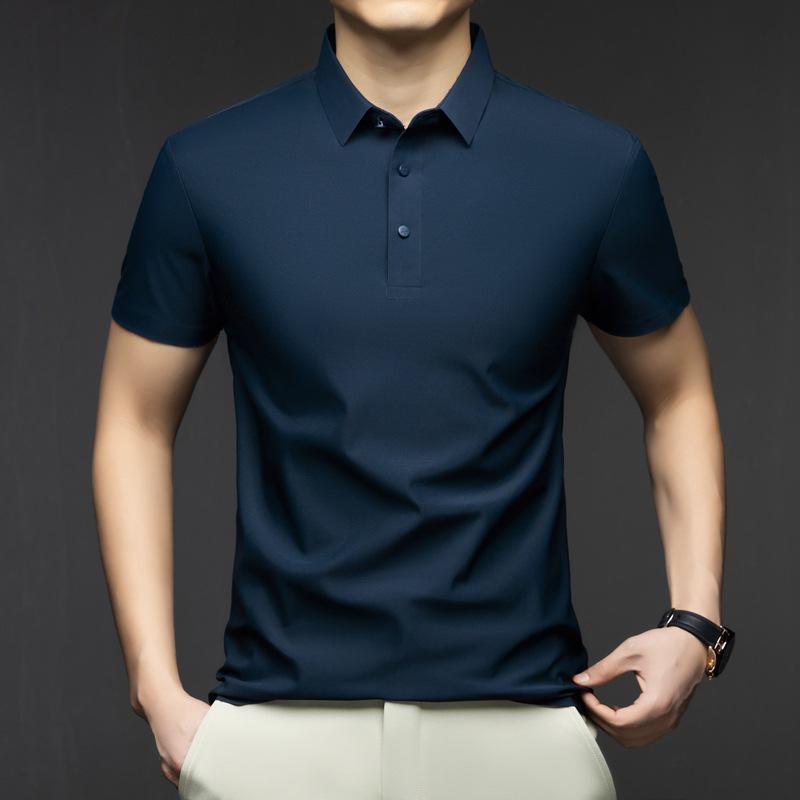 Мужская бесшовная рубашка поло из ледяного шелка - Летняя повседневная модель с коротким рукавом и однотонным дизайном
