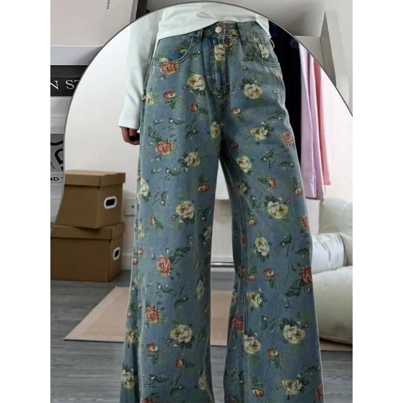Джинсы с широкими штанинами с цветочным принтом для женщин Летние Свободные Брюки в американском ретро стиле Модные с высокой талией Шикарные Универсальные Брюки