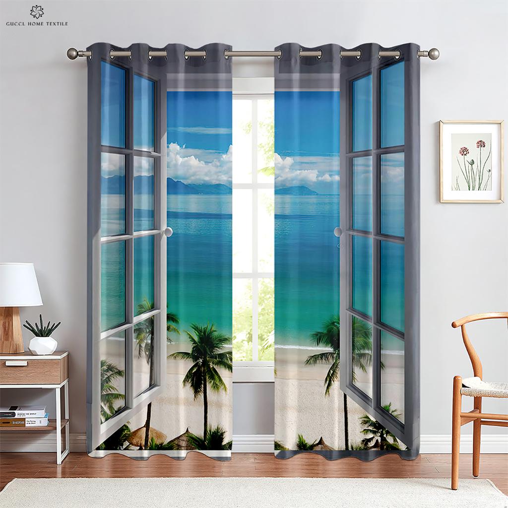 Real Effect 3D Printed Curtains, Curtains with Seaside Scenery, Blue Sky Pattern, Outside the Window Window Decoration