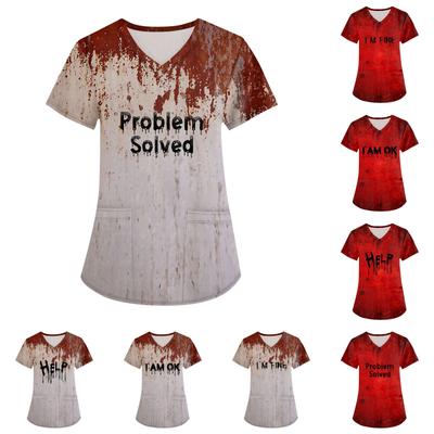 Плюс размер Печатный скраб Рабочая форма Топы для женщин Крест V-образным вырезом Хэллоуин Принт с короткими рукавами Забавные футболки Спецодежда Футболка с карманами