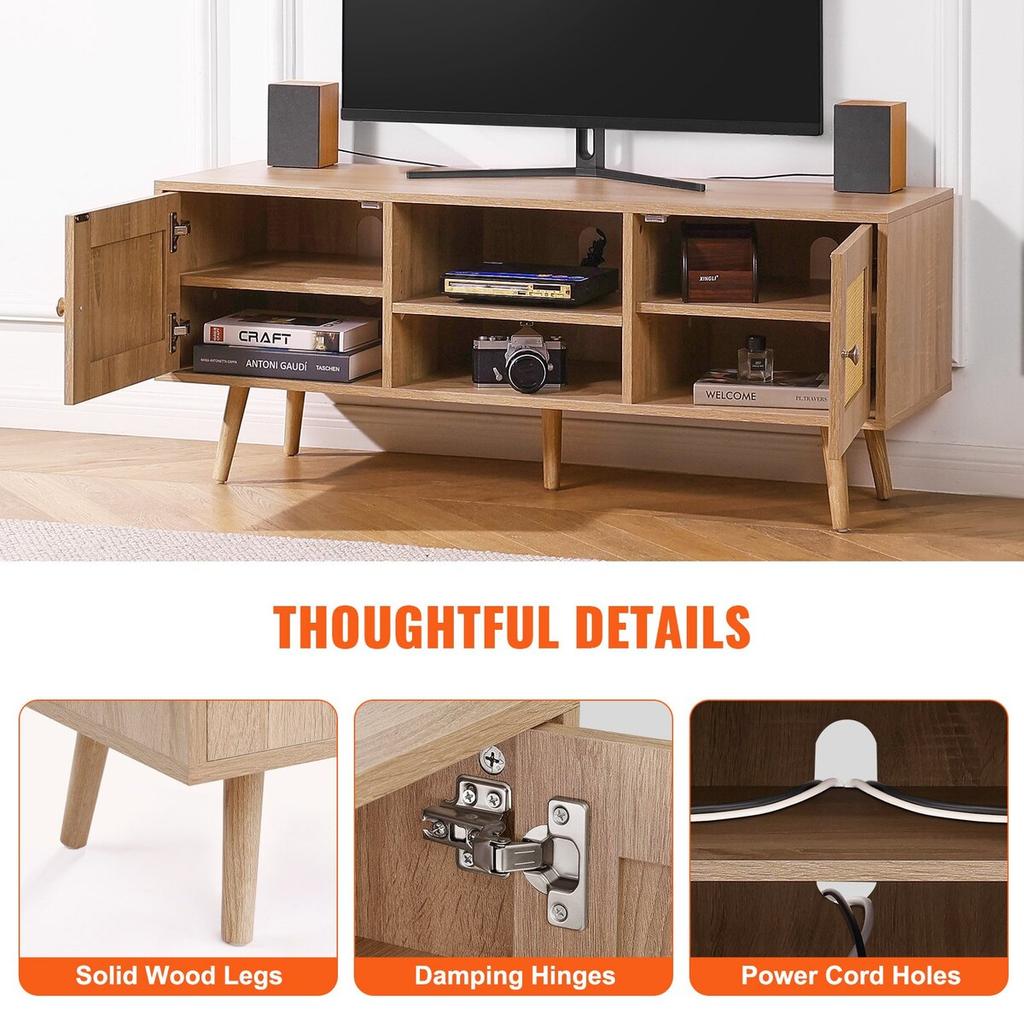 Rattan TV Stand, Boho TV Cabinet for 55 inch TV, Mid Century Modern TV Stand, Rattan TV Console with Adjustable Shelfs for Living Room, Media Room,
