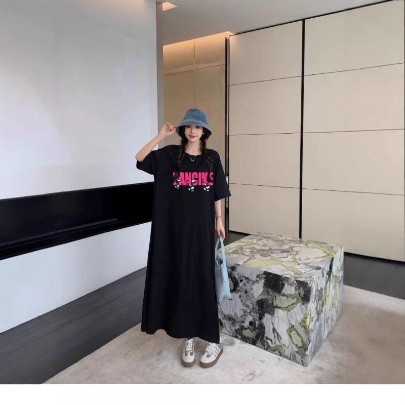 Женское простое повседневное платье с круглым вырезом и короткими рукавами, летнее платье средней длины с разрезом