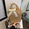 Luxury Designer Lace Bow Straw Weave Women's Handbag Casual Crossbody Bag Small Bucket Tote Summer Beach Bag