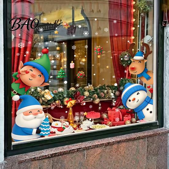 Family Party Glass Decorations Christmas Window Stickers Static Cling, Santa/Reindeer/Snowmen/Elves Print, Waterproof Kids Room Wall Art PVC Decal for
