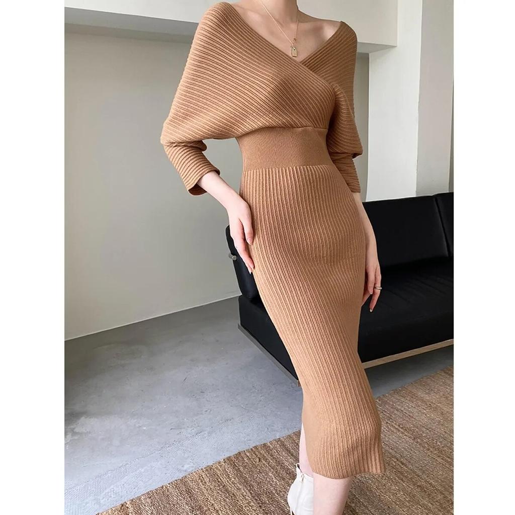 Knitted Sweater Dress Women Autumn Winter V-neck With Long Slim Knit Dresses Female High Waist Elegant Evening Party Dress