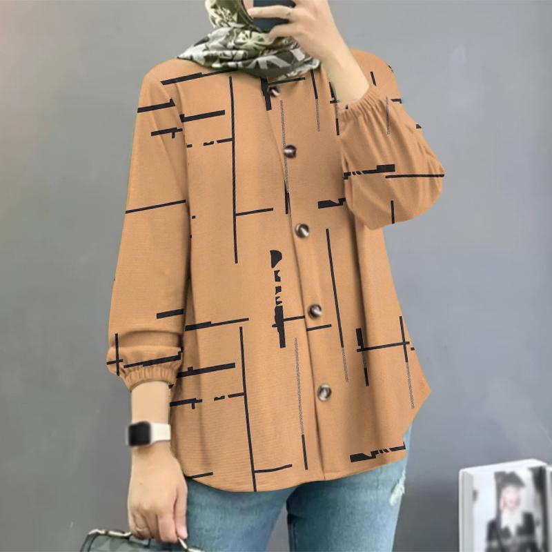 ZANZEA Женская повседневная блузка с длинным рукавом и круглым вырезом в стиле ретро с принтом