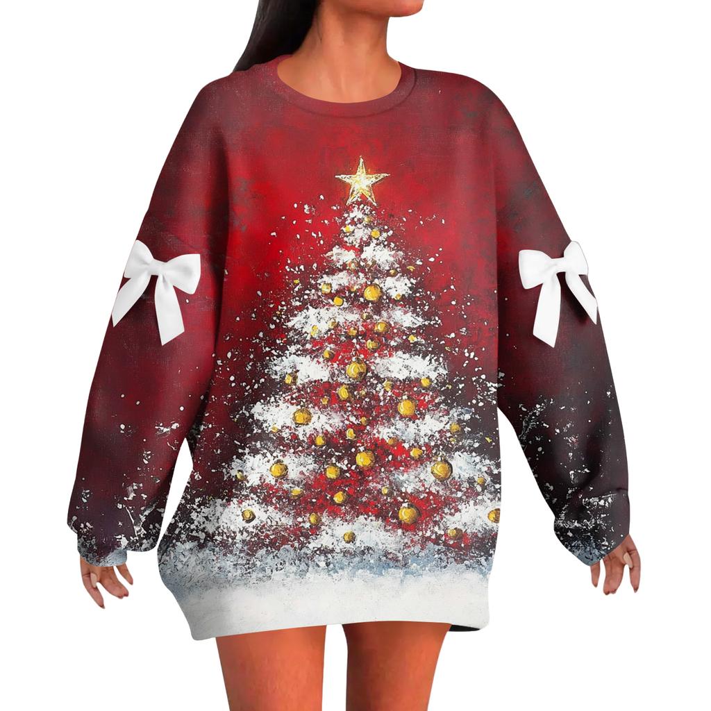 Ladies' Christmas Printed Bow Round Neck Long Sleeved Loose Pullover Sweater Sweatshirt Top