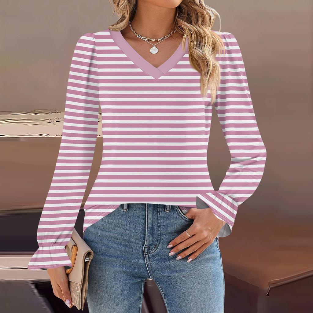 Women's Daily Casual Long-sleeved Striped Printed V-neck Top
