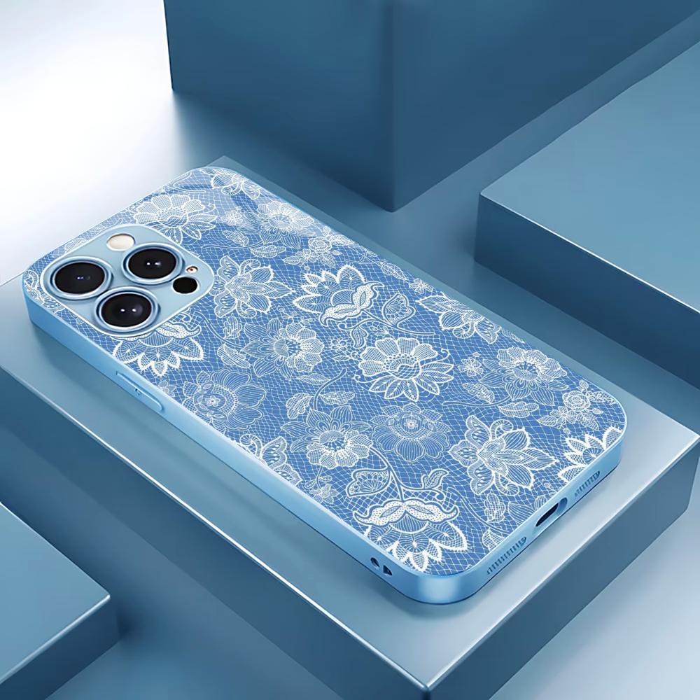 Light Blue White Lace phone case for iphone 17 case for iphone 17 pro max cover Glass for iPhone 17 16 15 14 13 12pm Pro Plus