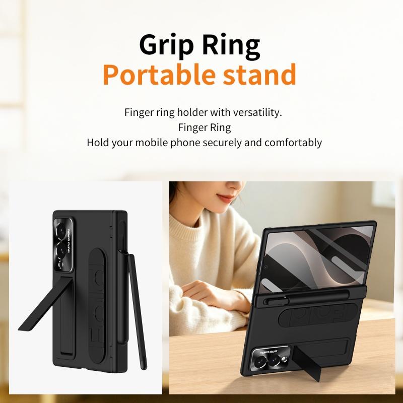 Hinge Elastic Wristband Stand Protection Armor Pen Slot Case for Samsung Galaxy Z Fold8 / 8 Ultra with Tempered Glass Sytlus Pen