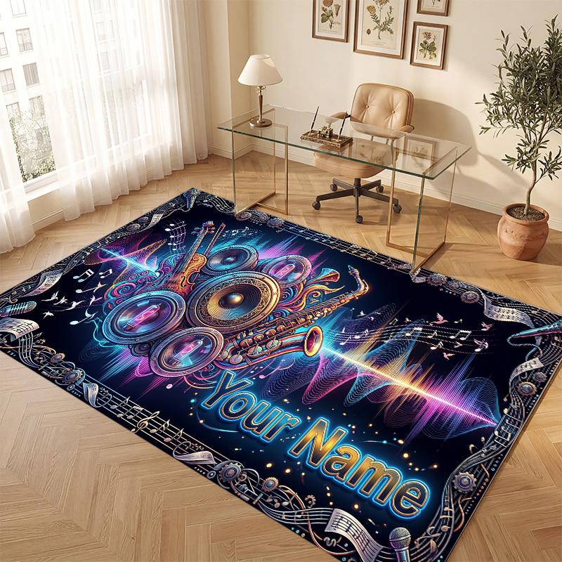 Music Theme Soft Crystal Velvet Rug Custom Name & Text Print Non Slip Floor Rug for Bedroom Living Room