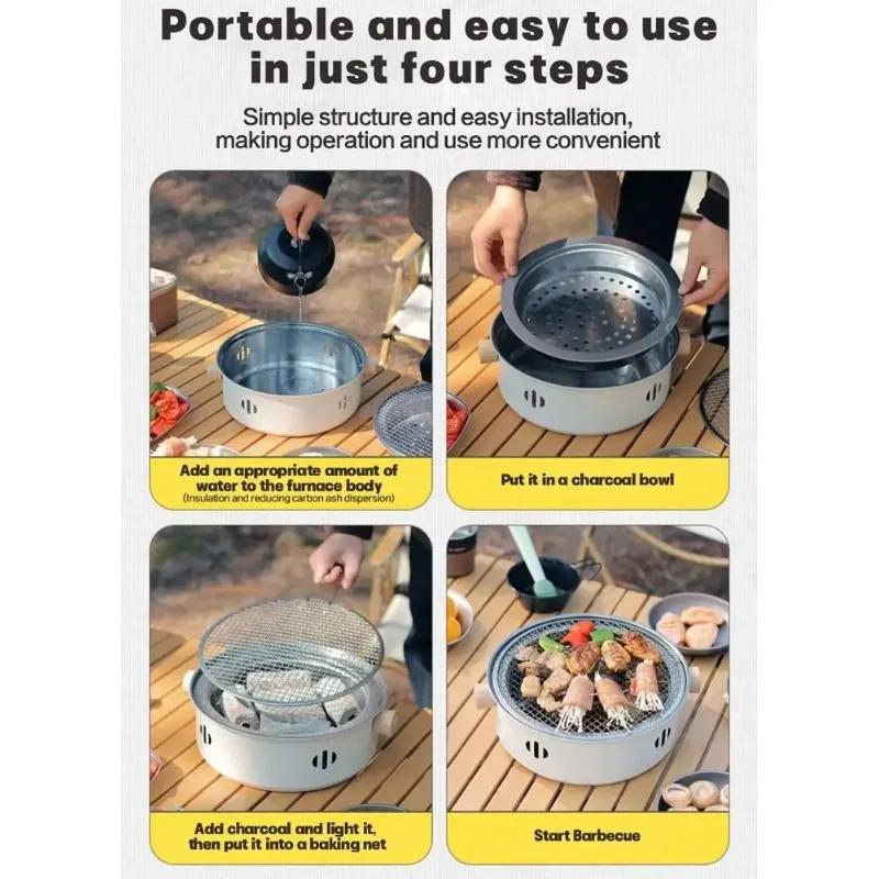 Круглый стальной угольный гриль-барбекю в корейском стиле с раздельной конструкцией, антипригарной решеткой, портативный, для сада, патио, кемпинга, приготовления пищи