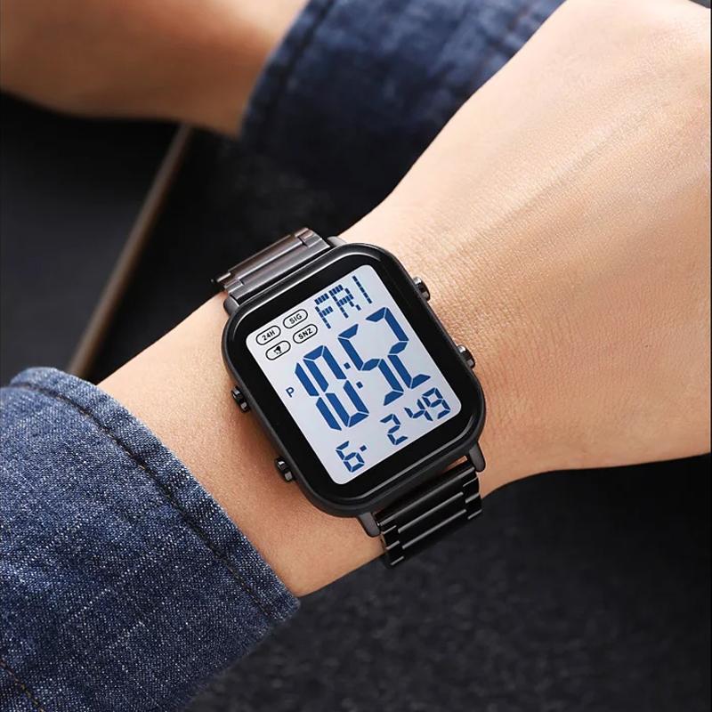 Цифровые часы для мужчин водонепроницаемые спортивные электронные наручные часы EL дисплей часы из нержавеющей стали