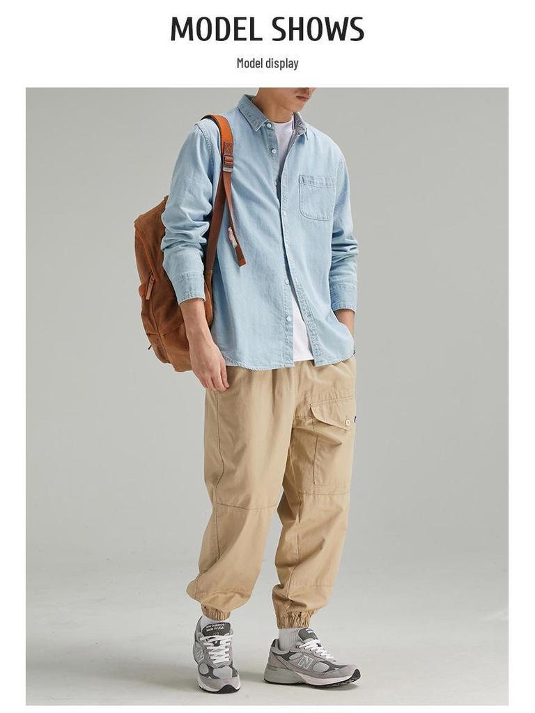 Мужская рубашка из стираного денима в стиле ретро с длинным рукавом - весенняя повседневная однотонная рубашка с тонкими лацканами