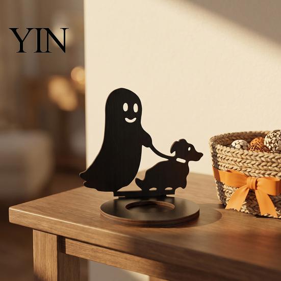 Decorative Silhouette Figurine Halloween Shadow Candle Holder, Spooky Ghost Skull Candlestick Decoration, Tealight Stand Vintage Wooden Tea Light for