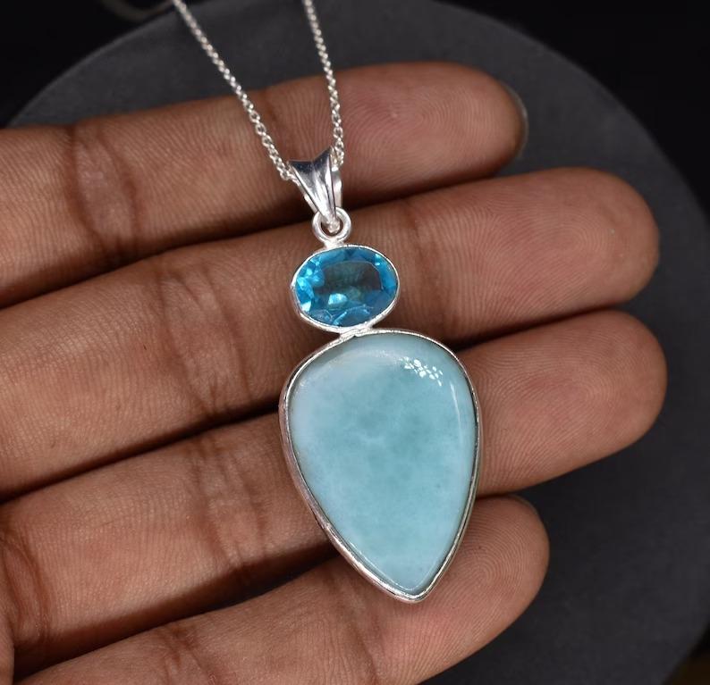 Larimar & Blue Topaz Gemstone Necklace, Boho Jewelry, Designer Jewelry, 925 Sterling Silver, Birthday Jewelry, Gift For Her
