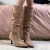 French Fashion Belt Buckle High-heeled Boots Autumn and Winter New Pleated Pile Boots Pointed Suede Boots Women