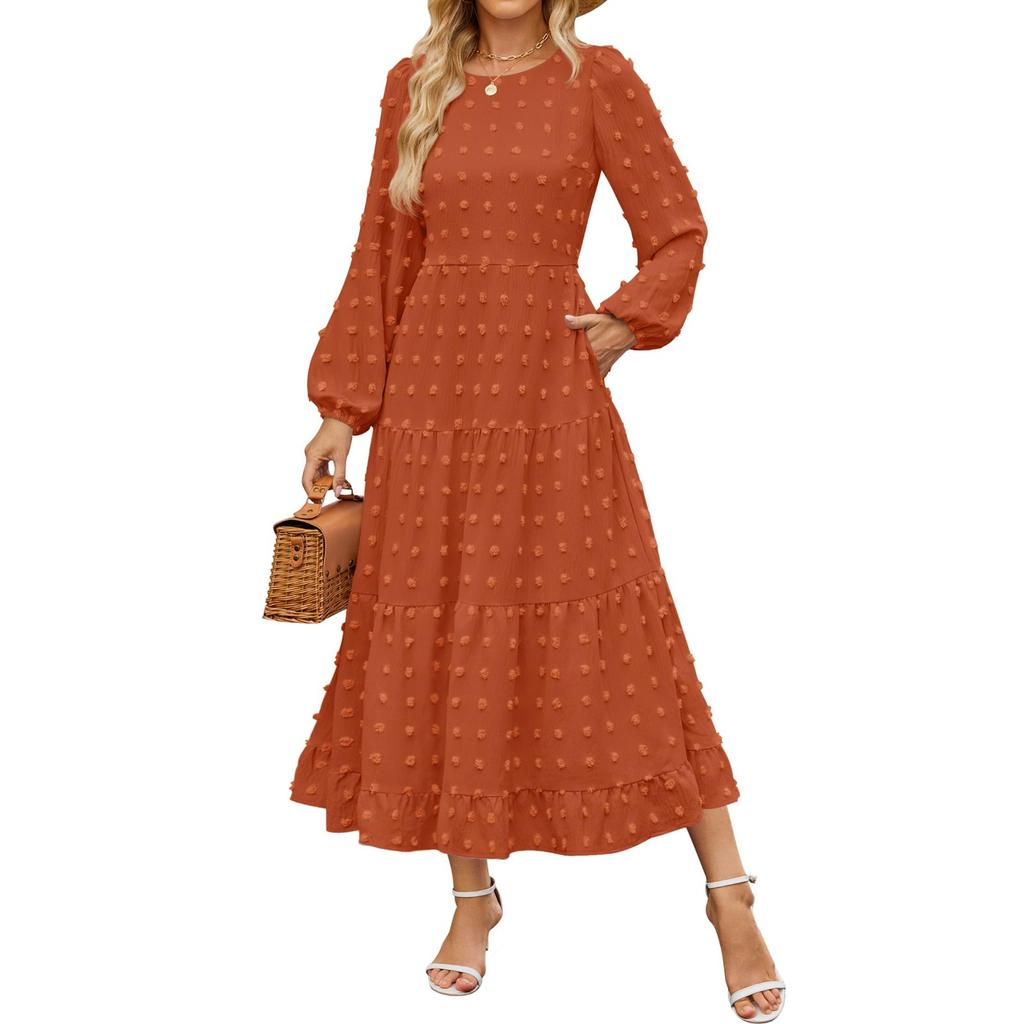 Women's Casual Round Neck Polka Dot Tiered Long Sleeve Ruffle Pocket Dresses