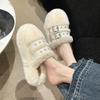 Fashion Women Fashion Warm Fluffy Slippers Cozy Faux Fur Cross Indoor Floor Slides Women New Metal Buckle Design Flat Soft Warm Slippers