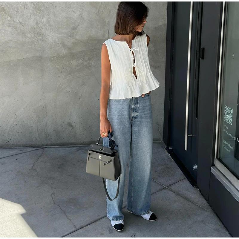 Белый жилет из хлопка и льна, плиссированный короткий топ со шнуровкой, женский, с круглым вырезом, без рукавов, с оборками, топы для отпуска и пляжа, лето