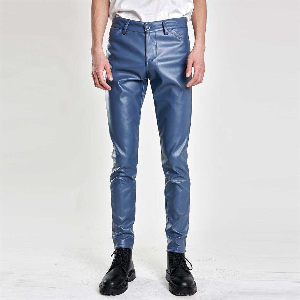 Весенние и летние тонкие кожаные брюки мужские эластичные облегающие цветные модные красные кожаные брюки мужские