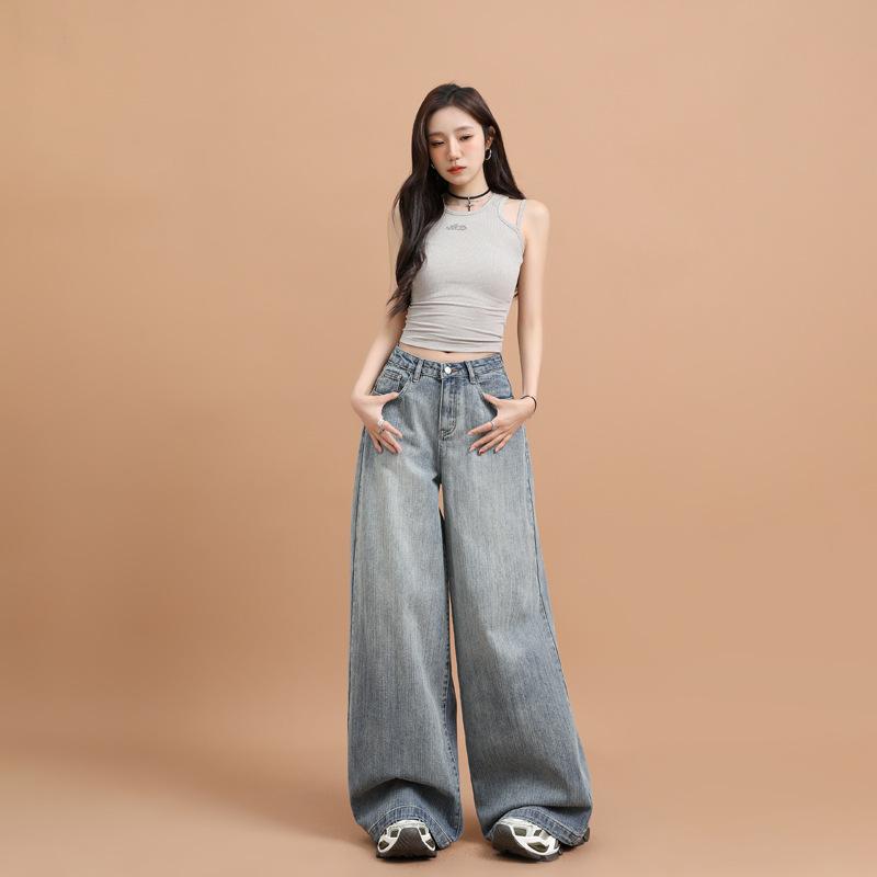 Slub pattern loose wide-leg jeans women's spring new design sense retro American straight mopping pants