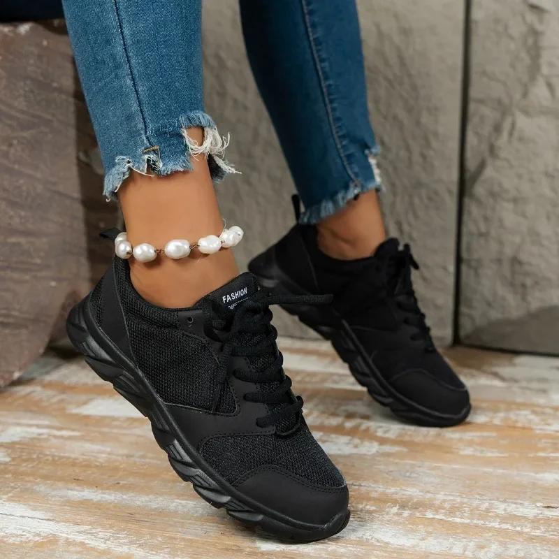 Fashion Female Shoes On Sale 2024 New Lace Up Women's Vulcanize Shoes Autumn Breathable Mesh Solid Flat Casual Comfortable Walking Shoes