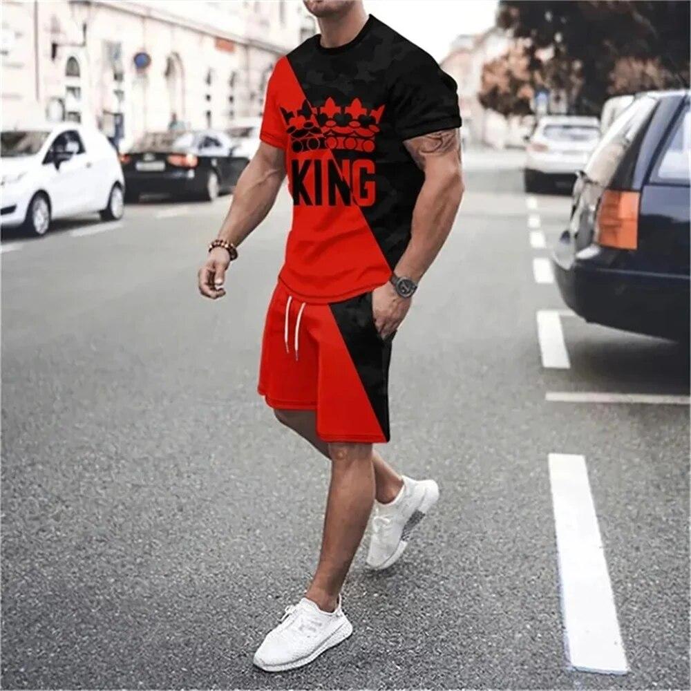 Summer New Men's Sportswear Patchwork Color Printing O-Neck T-Shirt 2-Piece Set Fashion Oversized Men's Tracksuits Casual Clothe