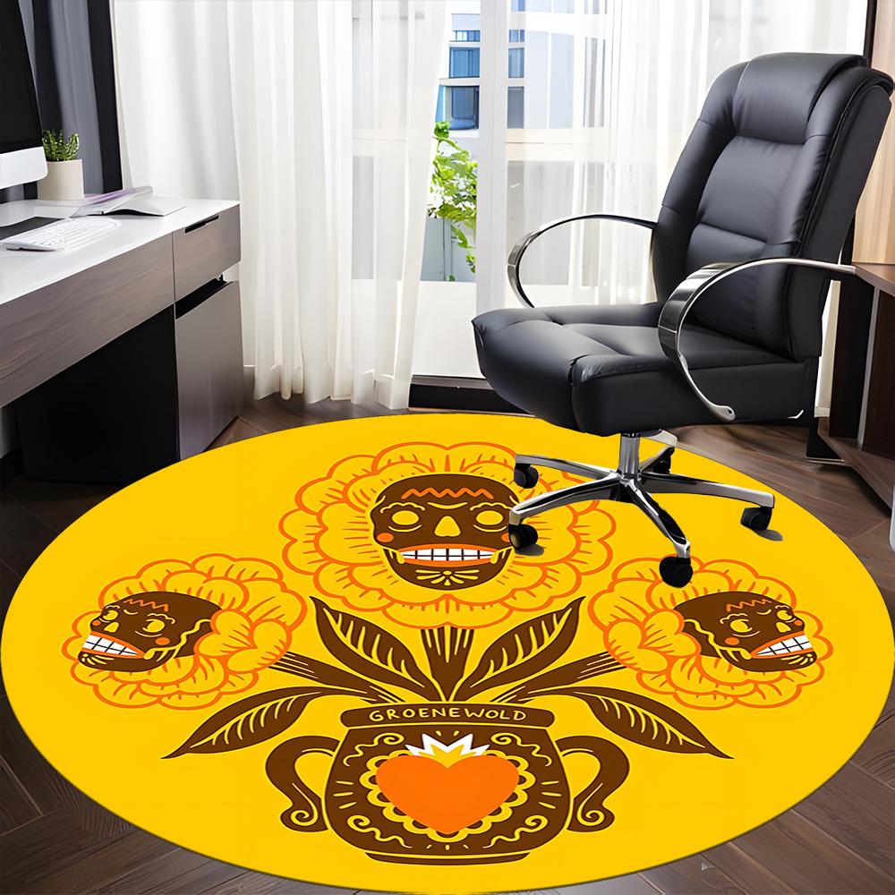 1pc Floral Skulls Office Round Area Rug,  Mat Suitable For Office, Under Office Chairs Bedroom Living Room Home Decor, Room Deco