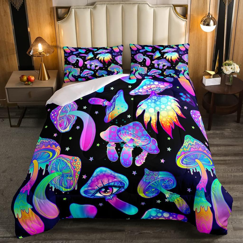 Red Mushroom Kawaii Comforter Set Twin Size Kids Bedding Set Botanical Plant Theme Print Quilt Bed Set for Boys Girls Adults