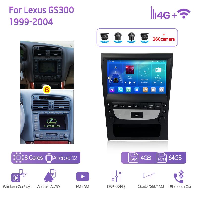 9,0 дюймов Для Lexus GS300 1999-2004 GPS Навигация Радио Android12 8+128 ГБ 8 ядер CarPlay 4G Камера 360 Автомобильный мультимедийный видеоплеер