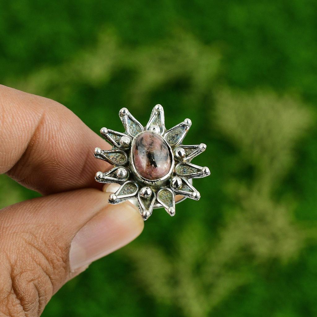 Womens Day Deal 925 Silver Oval Rhodonite Stone Flower Statement Ring Jewelry