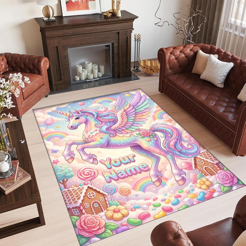 Unicorn Theme Crystal Velvet Floor Rug Personalized Custom Name Text Warm Carpet Home Decoration