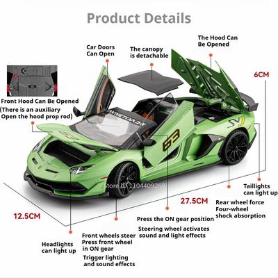 Масштаб 1:18 SVJ63 V12 Спортивный Автомобиль Модель Игрушка Металл Литье под Давлением Музыка Свет Амортизация Модели Рулевое Управление Колесами Суперкар Подарки для Мальчика
