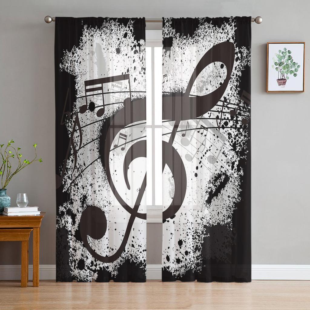 Music Notes Dot Drop Quaver Black Splash Ink Art Sheer Curtains for Living Room Window Curtains Kitchen Tulle Voile Curtains
