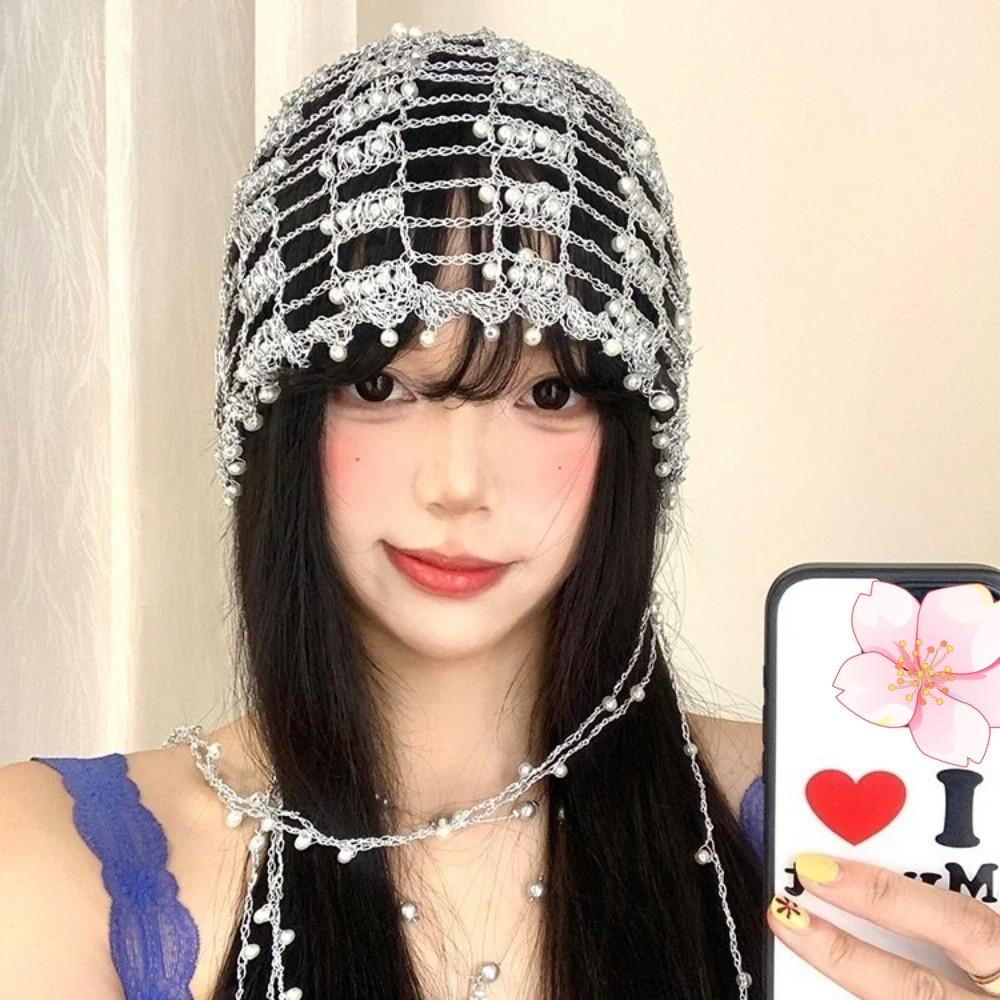 Shining Crystal Hollow Pullover Hats Bridal Head Ornament Pearl Hat Chain Beach Party