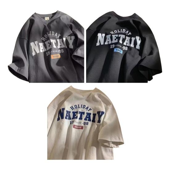 Men Summer T-shirt Letter Print Short Sleeves Round Neck Loose Retro Japanese Style Casual Daily Wear Teenager