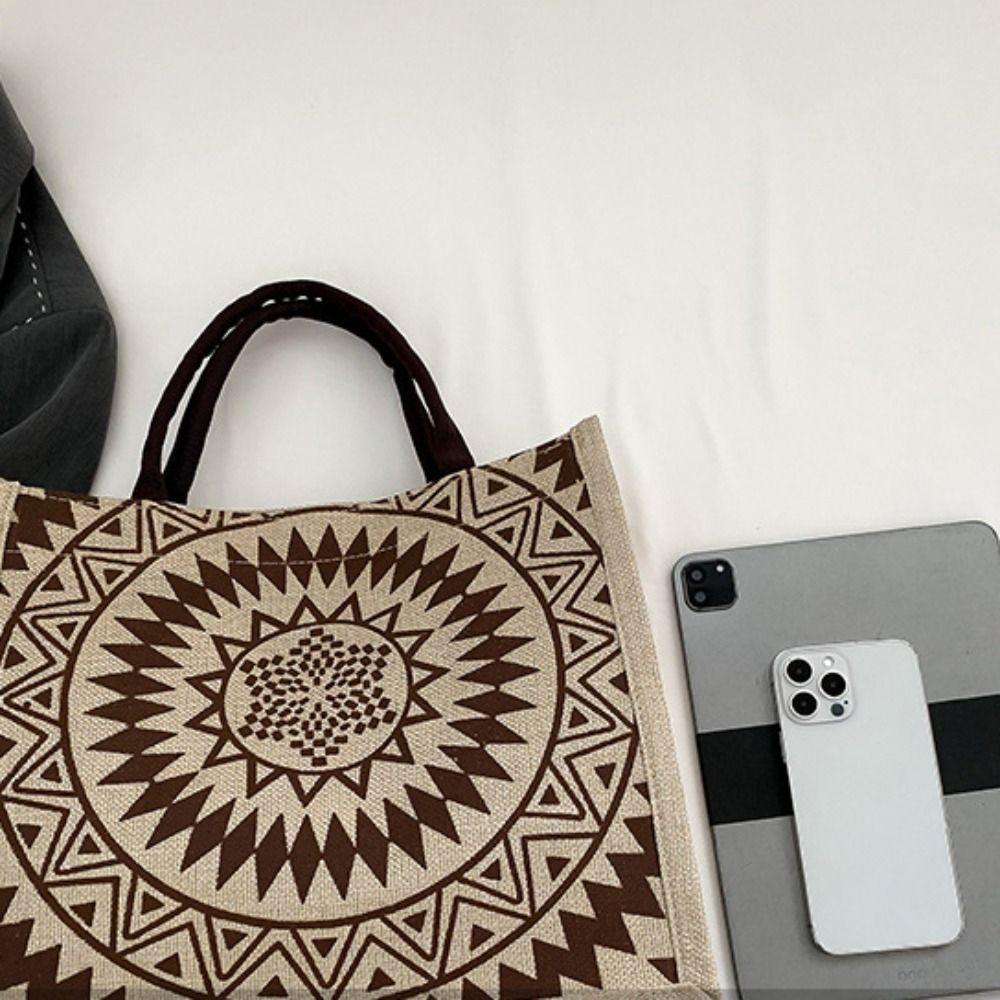 Tote Bag Ethnic Style Handbag Canvas Embroidery Shoulder Bag Geometric Cloth Bag Storage Bag