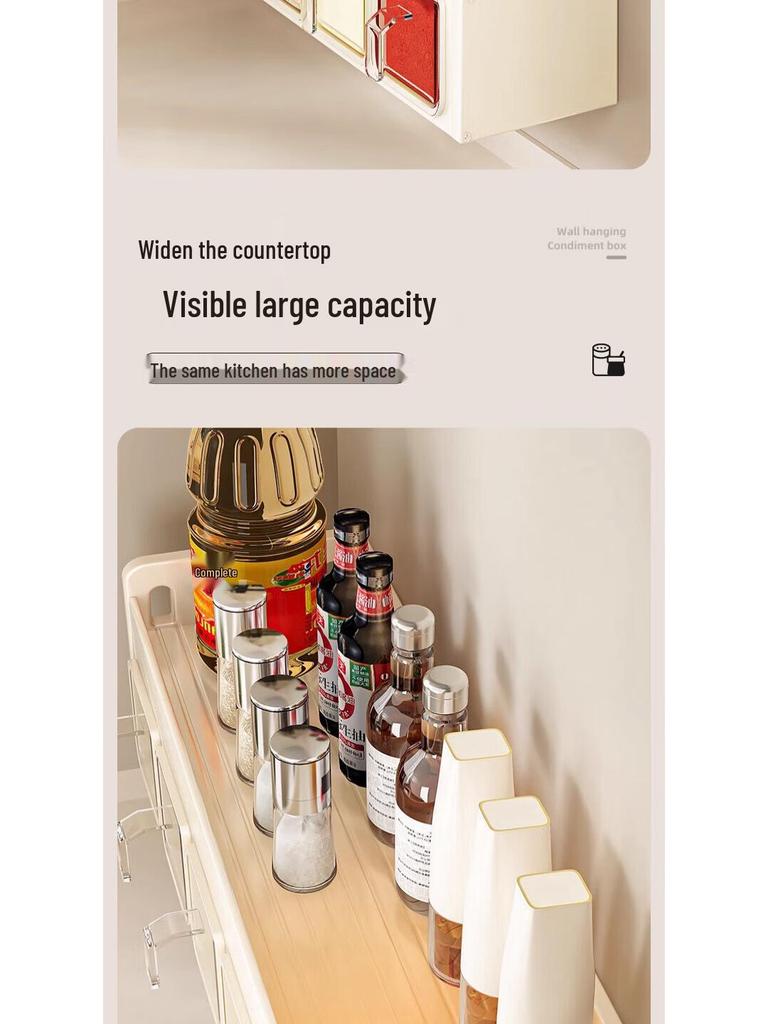 Wall-Mounted Cream Style Spice Rack with Seasoning Jars & Utensil Storage