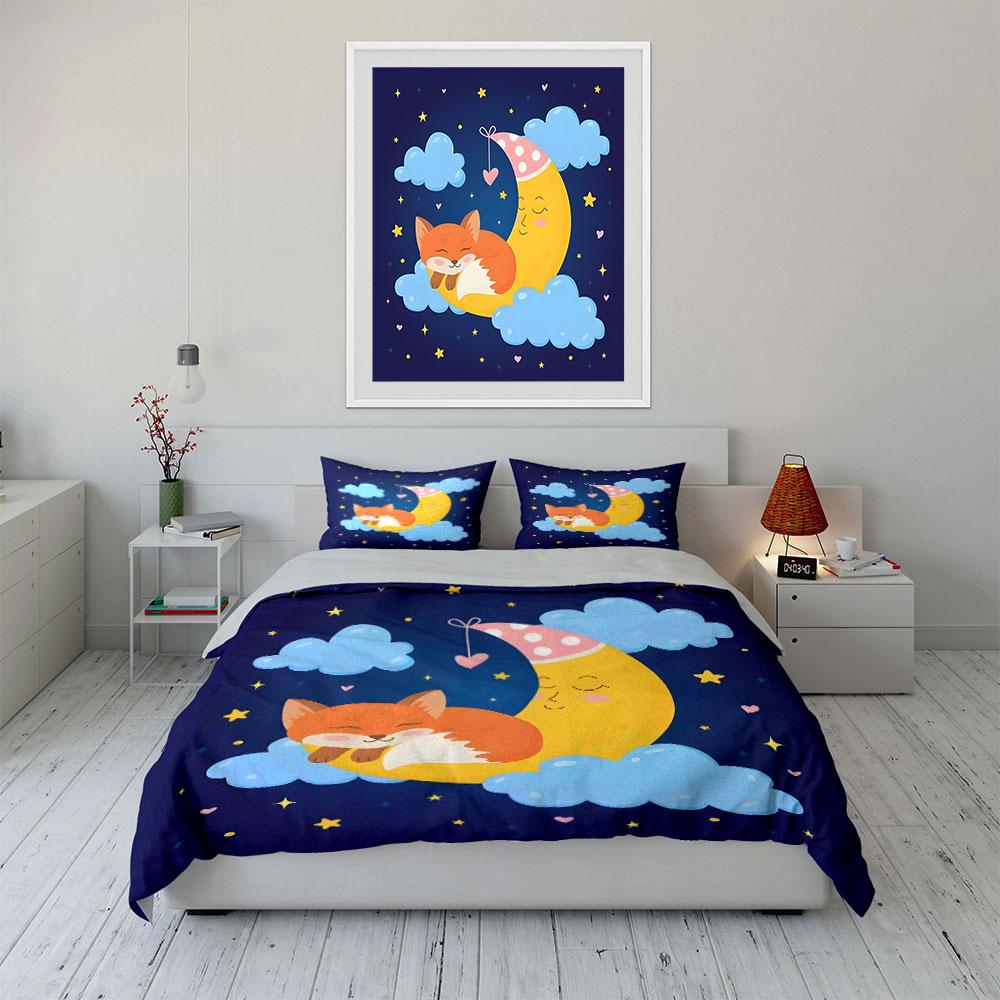 Sleeping Fox & Moon Bedding Set Bedding Duvet Cover Set Duvet Cover Pillowcases (1 * Duvet Cover 2 * Pillowcases, without duvet insert)