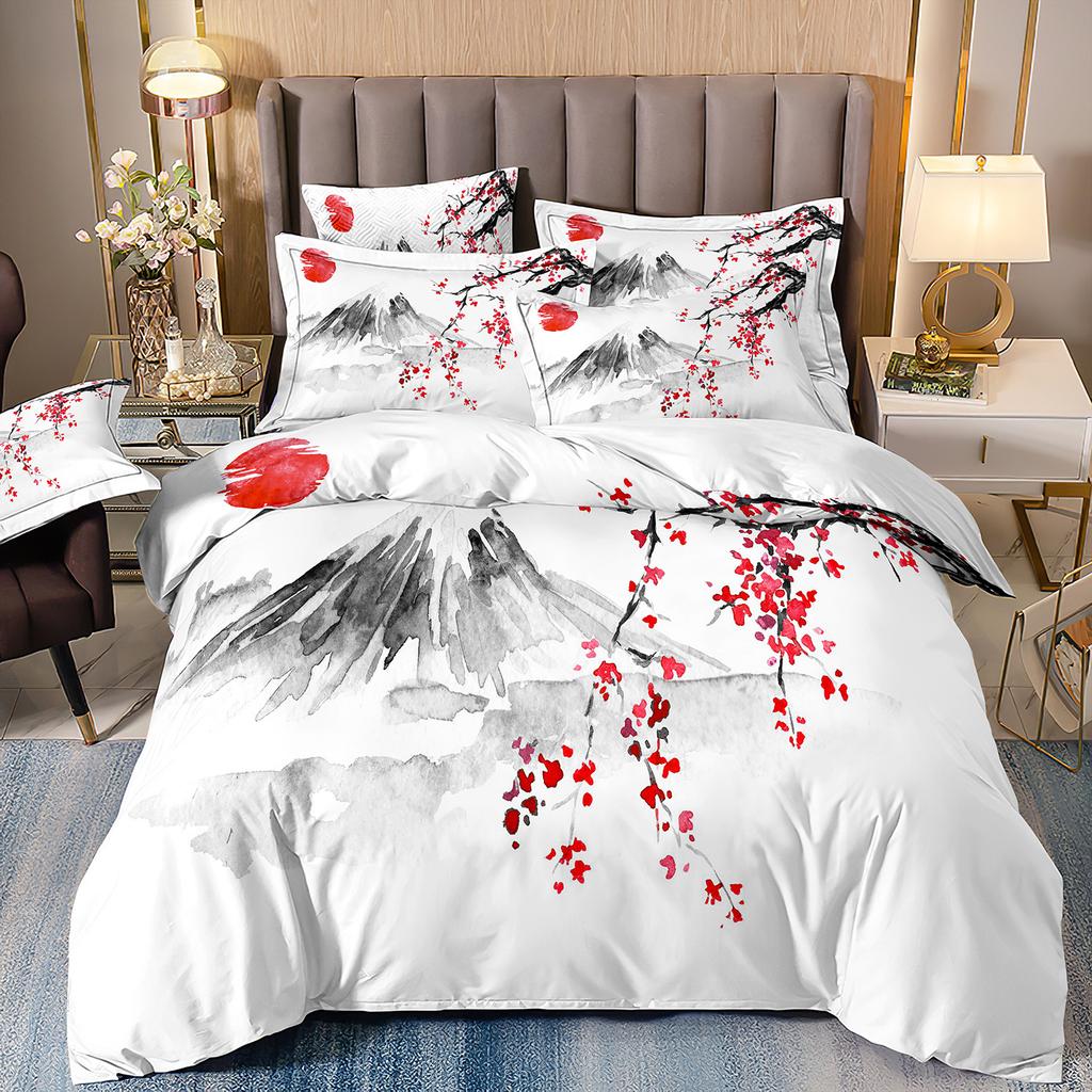 3D Three-Piece Ukiyo-E Painting Wave Flower Quilt Cover Digital Printing Bedding