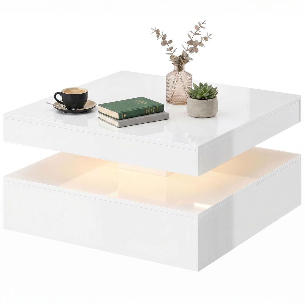 LED Coffee Table with Storage, 2-Tier Modern Centre Table with Open Shelf and Remote for Living Room, High Gloss White