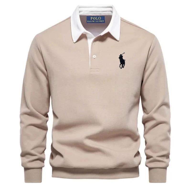 Мужская хлопковая рубашка-поло с длинным рукавом Ralph Lauren с вышивкой лошади для осени и зимы