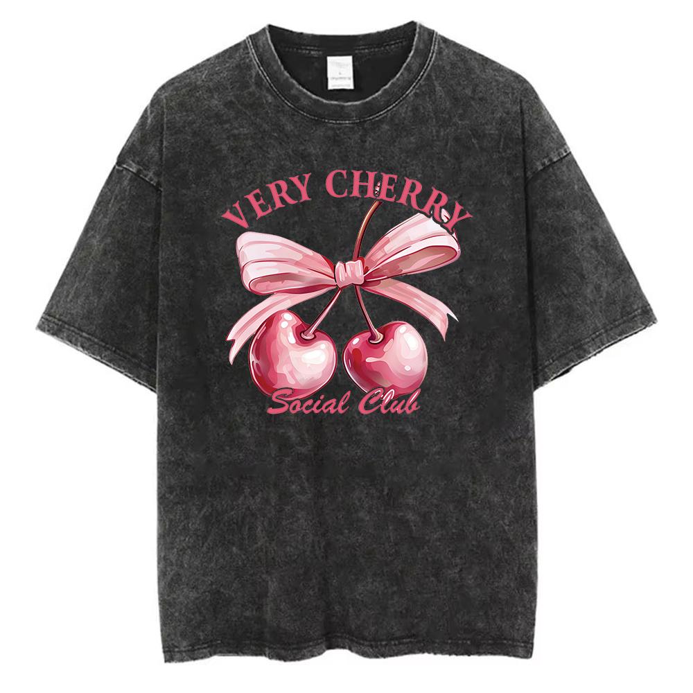 Vintage Washed Cotton TShirt Women Disco Ball Cherry Graphic Tee 70s Retro Acid Wash Streetwear Harajuku Loose Fit Party Top