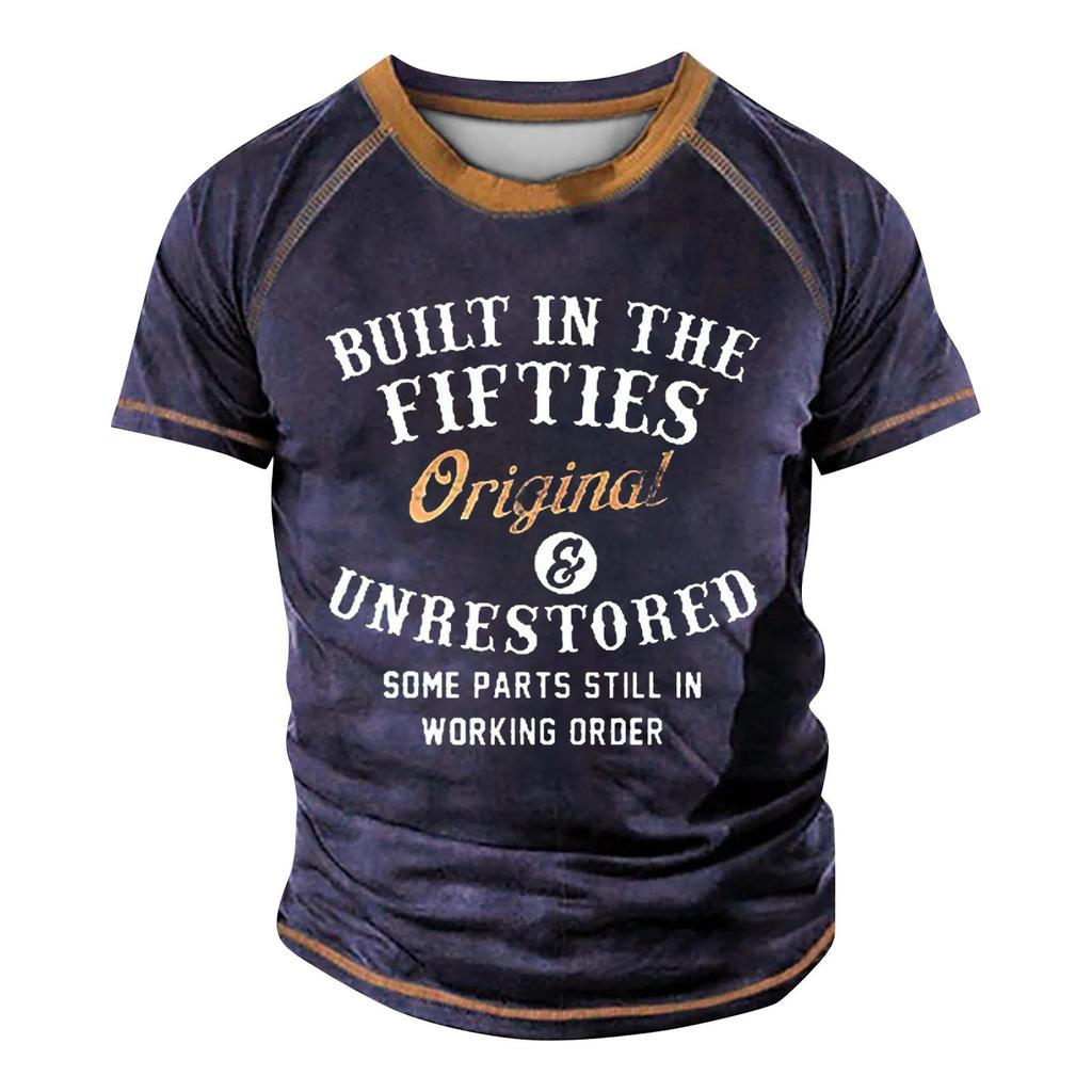 Мужская футболка реглан в стиле ретро с коротким рукавом и круглым вырезом с буквенным принтом, топы