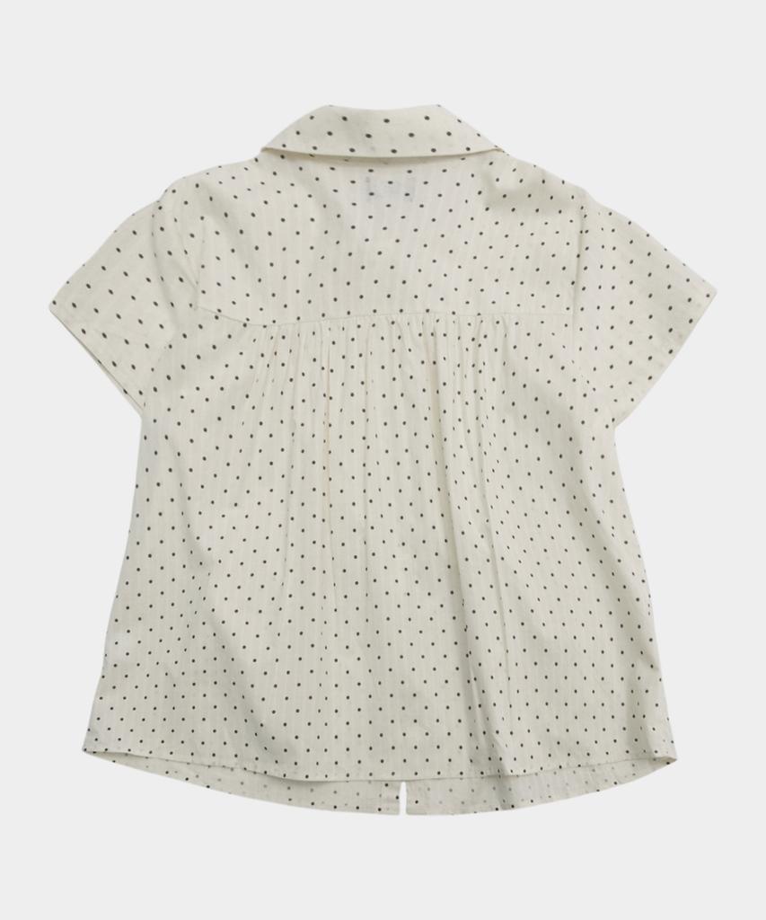 SOME PLACE Dot Layered Shirred Pocket Ribbon Strap Round Collar Short Sleeve Blouse Shirt [Ivory]